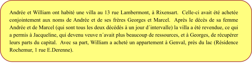 Andrée et William ont habité une villa au 13 rue Lambermont, à Rixensart.  Celle-ci avait été achetée conjointement aux noms de Andrée et de ses frères Georges et Marcel.  Après le décès de sa femme Andrée et de Marcel (qui sont tous les deux décédés à un jour d´intervalle) la villa a été revendue, ce qui a permis à Jacqueline, qui devenu veuve n´avait plus beaucoup de ressources, et à Georges, de récupérer leurs parts du capital.  Avec sa part, William a acheté un appartement à Genval, près du lac (Résidence Rochemur, 1 rue E.Derenne).