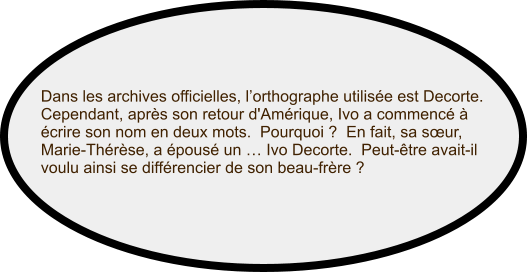 Dans les archives officielles, l’orthographe utilisée est Decorte.  Cependant, après son retour d'Amérique, Ivo a commencé à écrire son nom en deux mots.  Pourquoi ?  En fait, sa sœur, Marie-Thérèse, a épousé un … Ivo Decorte.  Peut-être avait-il voulu ainsi se différencier de son beau-frère ?