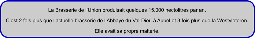 La Brasserie de l’Union produisait quelques 15.000 hectolitres par an.  C’est 2 fois plus que l’actuelle brasserie de l’Abbaye du Val-Dieu à Aubel et 3 fois plus que la Westvleteren.  Elle avait sa propre malterie.