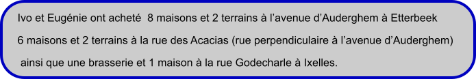 Ivo et Eugénie ont acheté  8 maisons et 2 terrains à l’avenue d’Auderghem à Etterbeek 6 maisons et 2 terrains à la rue des Acacias (rue perpendiculaire à l’avenue d’Auderghem)   ainsi que une brasserie et 1 maison à la rue Godecharle à Ixelles.